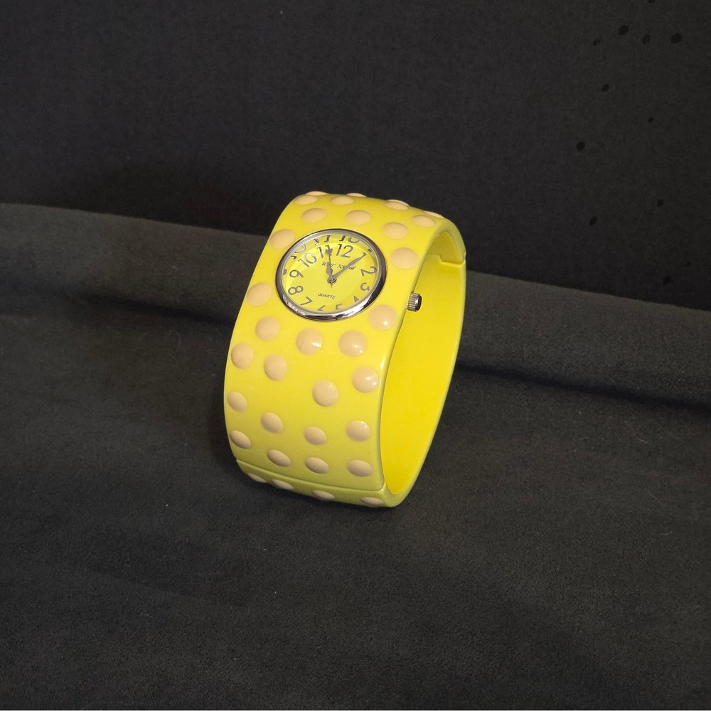 Betsey Johnson Bangle Watch Women Lucite Yellow Polka Dot Hinged Cuff Quartz Y2K